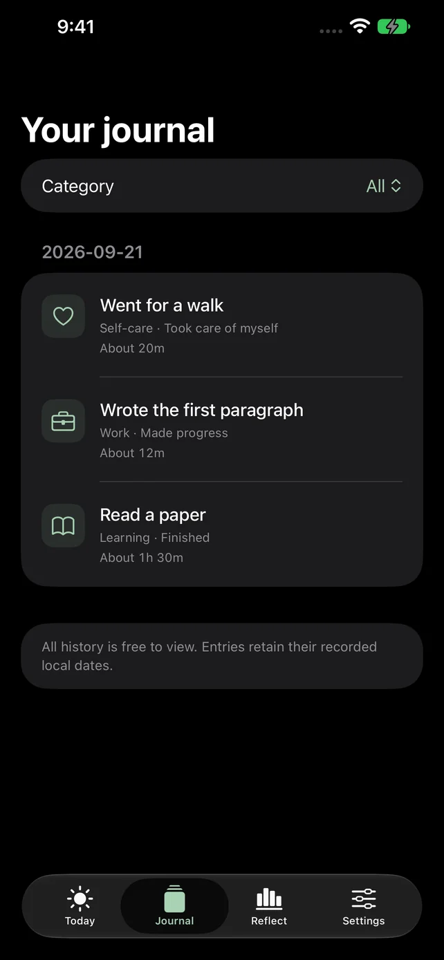 Journal screen with complete history grouped by date