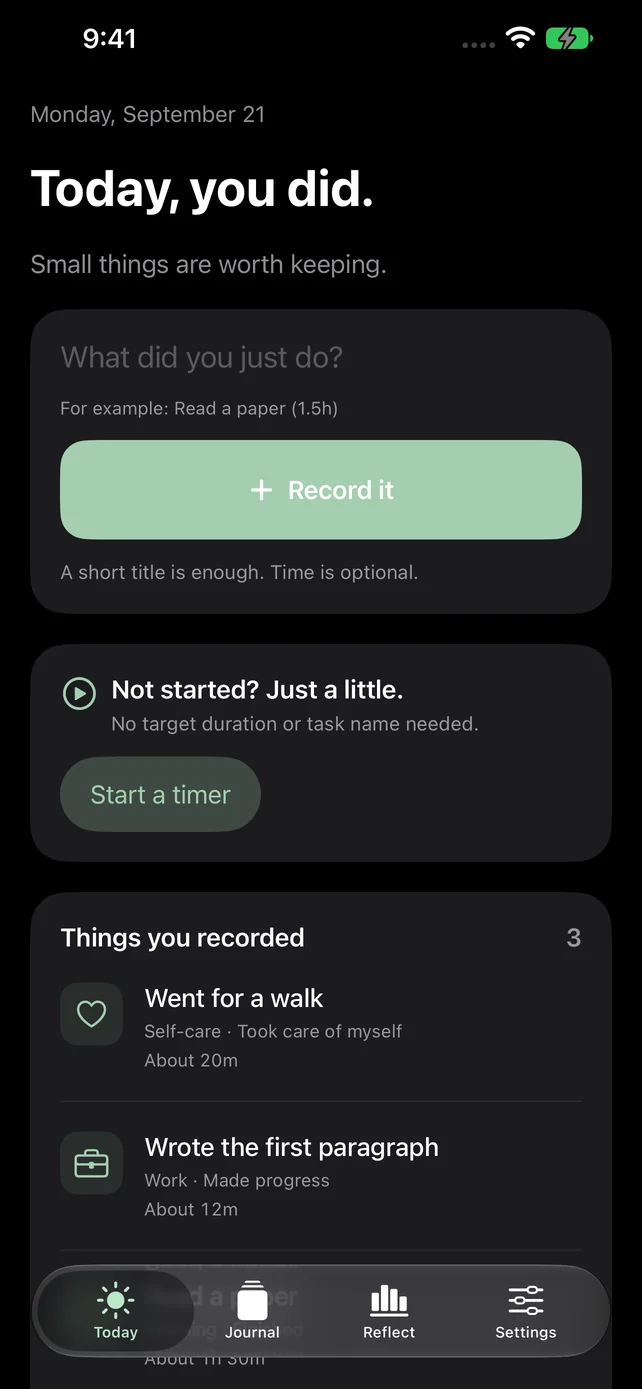 Today screen with quick capture, timer and demo entries